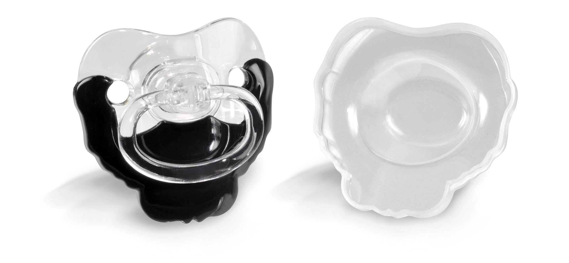 Black and clear baby pacifier on a white background