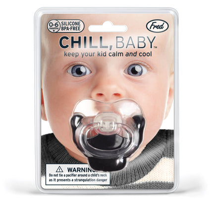 Pacifier with packaging featuring a baby's face and 'Chill, Baby' text.