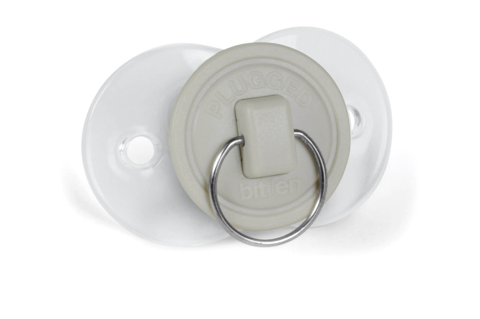 White pacifier with a metal ring on a white background