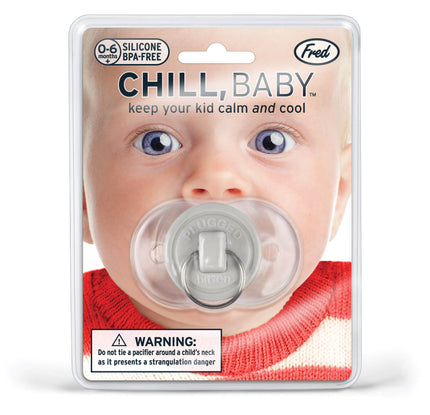 Chill Baby pacifier packaging with a baby's face and text on a white background