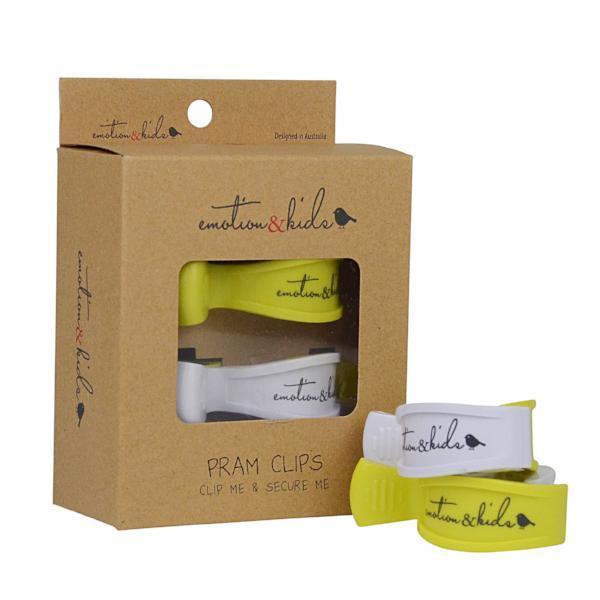 Pram clips in packaging with 'emotion&kids' branding on a white background