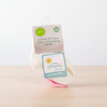 Playette 2-pack UV yarn color-changing socks with packaging on a white background