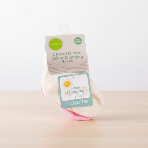 Playette 2-pack UV yarn color-changing socks with packaging on a white background
