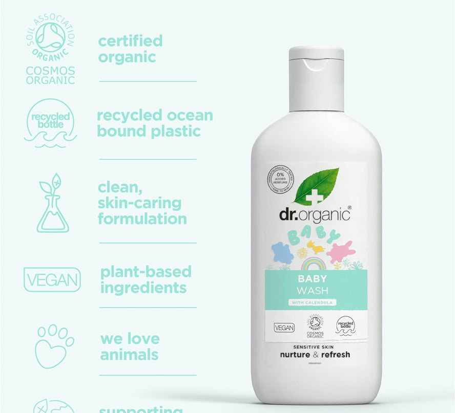 Dr. Organic baby wash bottle with certification icons on a white background