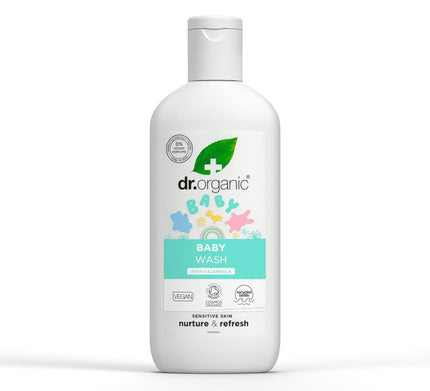 Dr. Organic baby wash bottle on a white background