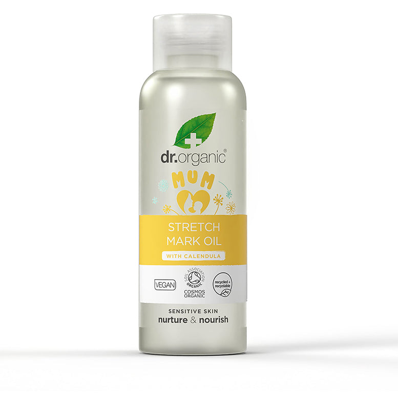 Dr. Organic stretch mark oil bottle on a white background