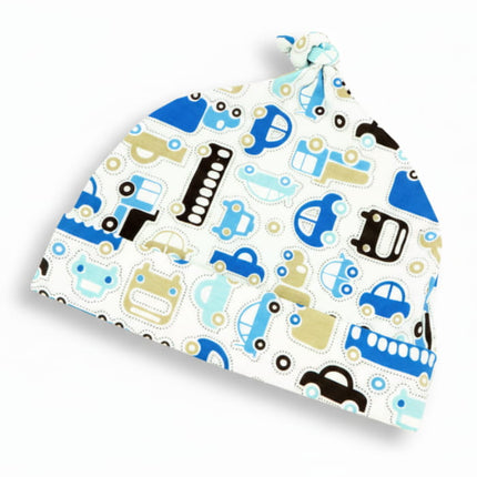 blue and white baby hat with cars print
