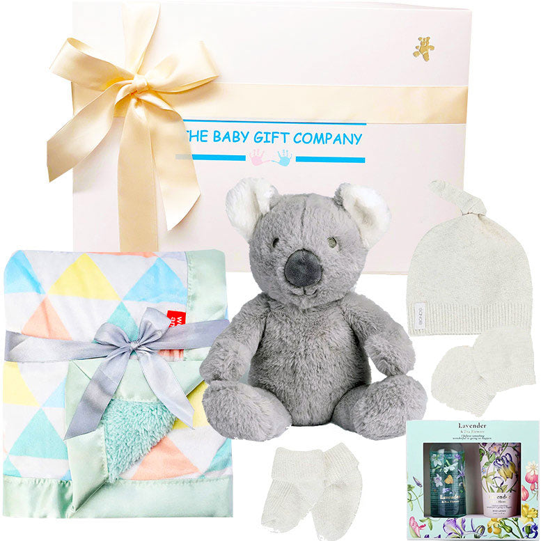Baby gift set with plush toy, blanket, hat, and bath products from The Baby Gift Company.