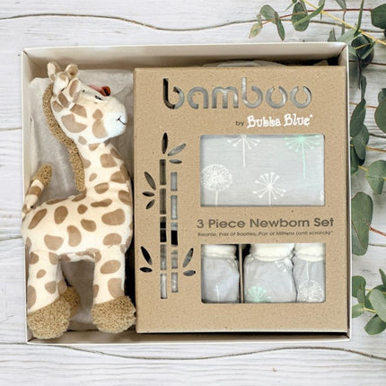 Bamboo by Bubba Blue 3-piece newborn set with a plush giraffe toy in baby gift box on a light wooden surface.