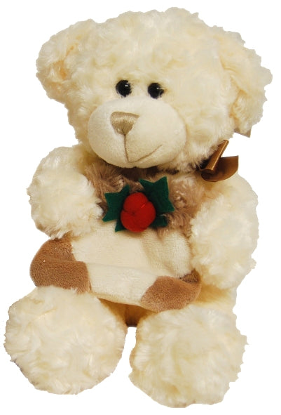 Plush teddy bear with a Christmas wreath on a white background