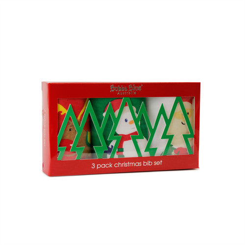 Red box containing three Christmas-themed bibs with a visible brand name on a white background.