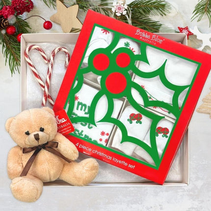 Christmas-themed gift set with teddy bear, candy canes, and decorative items on a white background.