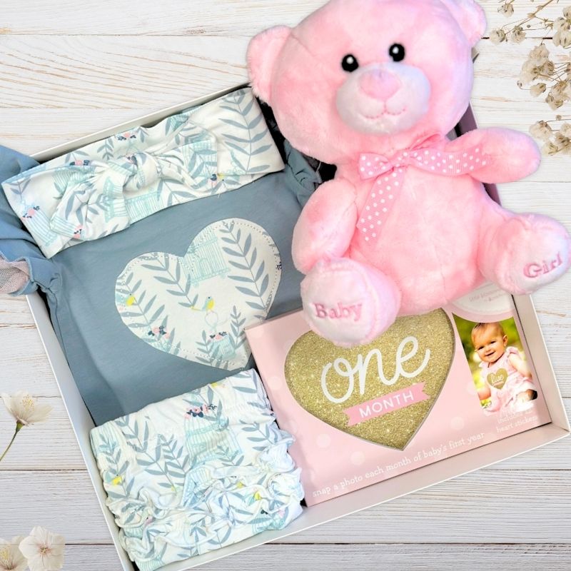 Collection of baby gift items including a teddy bear,clothing, and other products in a gift box