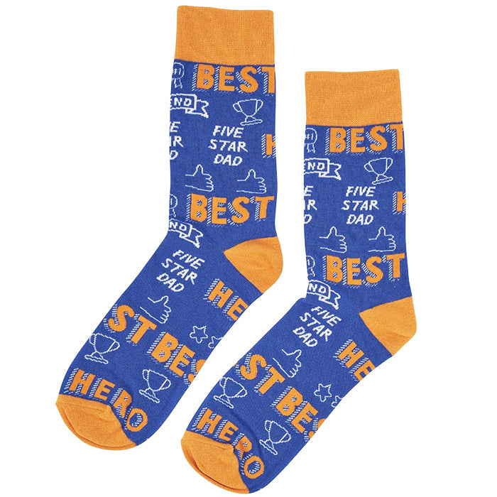 Pair of dad socks with blue and orange design on a white background
