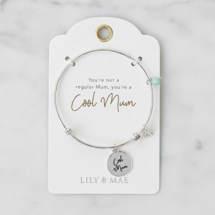Cool Mum silver bangle with sentiment charm, clover charm and semi-precious stone
