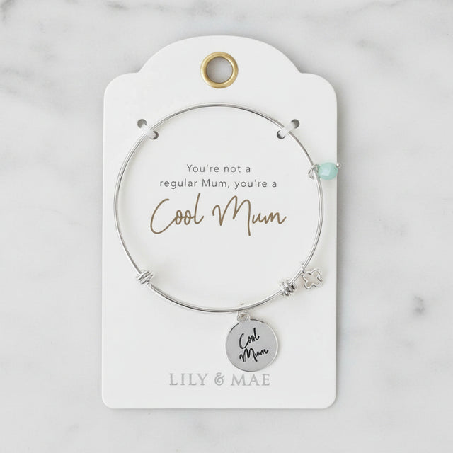 Cool Mum silver bangle with sentiment charm, clover charm and semi-precious stone