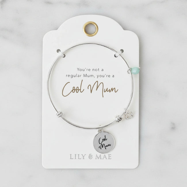 Cool Mum silver bangle with sentiment charm, clover charm and semi-precious stone