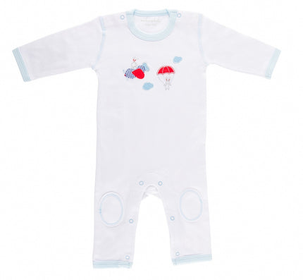 White baby romper with colorful airplane design on a white background