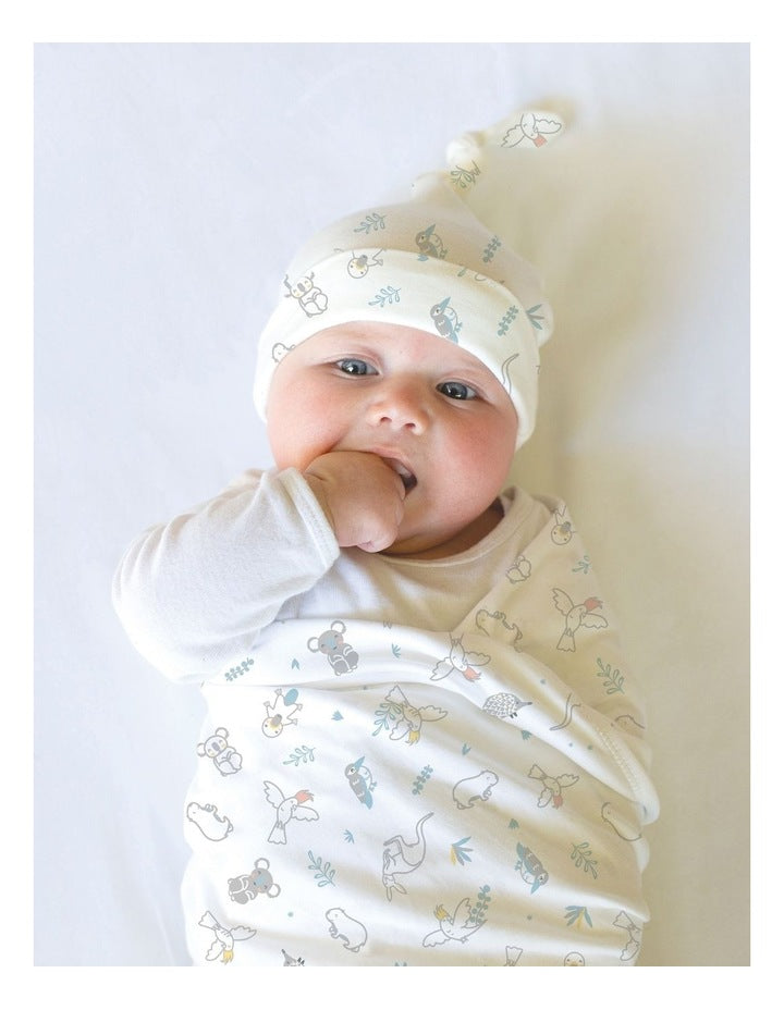 Newborn baby wrapped in a patterned blanket and wearing a matching hat on a light background
