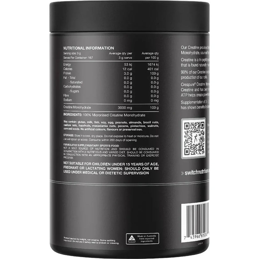 Back label of a supplement container with nutritional information and QR code on a white background