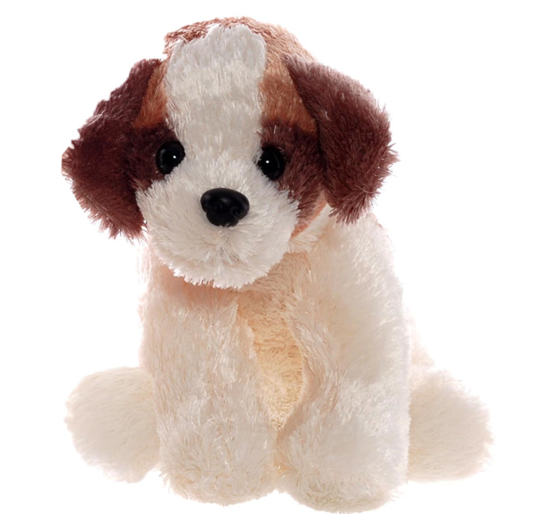 Plush dog toy with a white face and brown ears on a white background