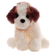 Plush dog toy with a white face and brown ears on a white background