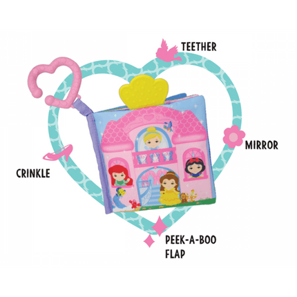 book with features labeled as crinkle, teether, mirror, and peek-a-boo flap on a white background