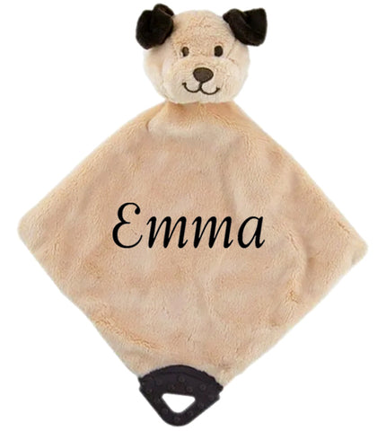 Plush dog-shaped comfort blanket with 'Emma' printed on it against a white background
