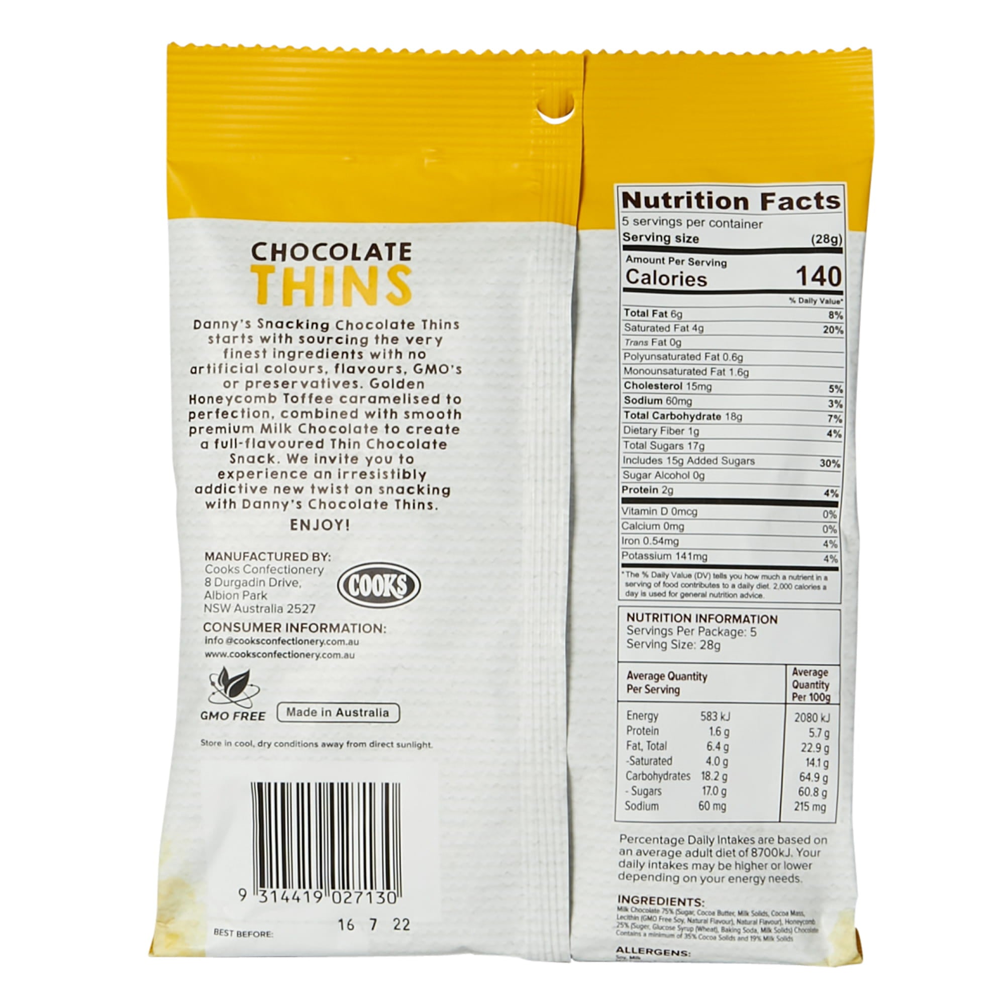 Danny’s Chocolate Thins Honeycomb packaging