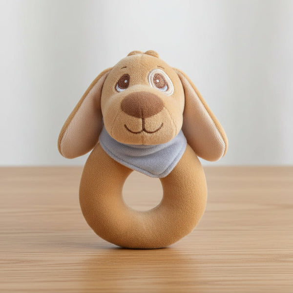 Dog ring rattle toy on wood table