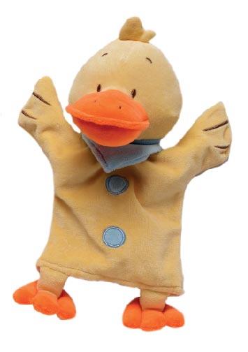 Plush duck hand puppet with orange beak and feet on a white background