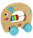 Wooden toy elephant with colorful beads and blue wheels on a white background