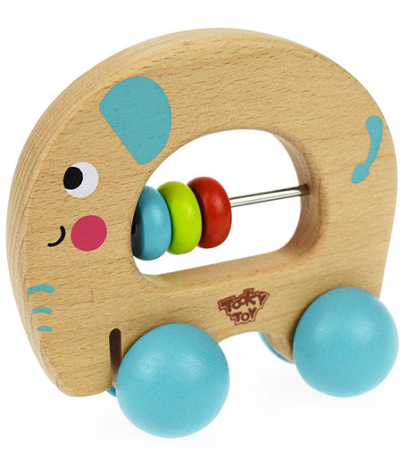 Wooden toy elephant with colorful beads and blue wheels on a white background