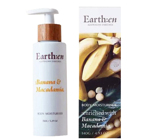 Earth:en banana and macadamia body moisturizer with packaging on a white background