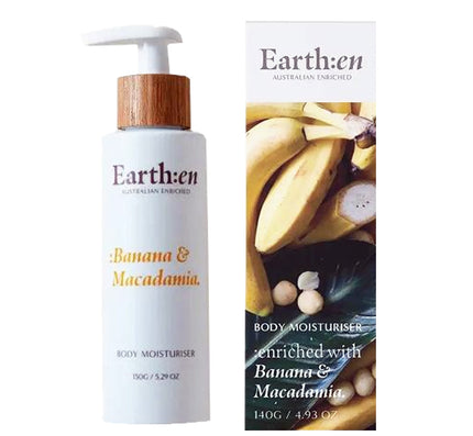Earth:en banana and macadamia body moisturizer with packaging on a white background