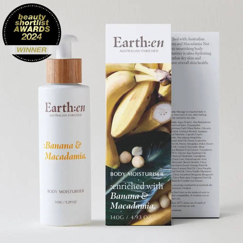 Earth:en Banana & Macadamia body moisturizer with packaging on a white background