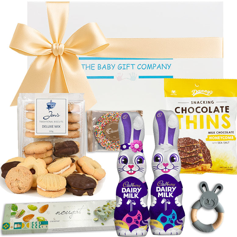 Bunny’s First Easter Gourmet Baby Hamper with chocolates and teether