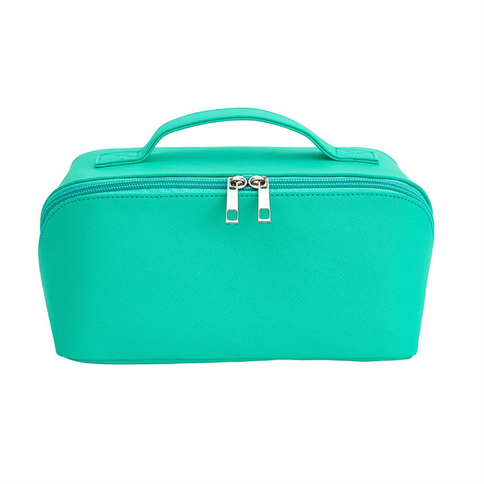 Turquoise cosmetic bag with a handle on a white background