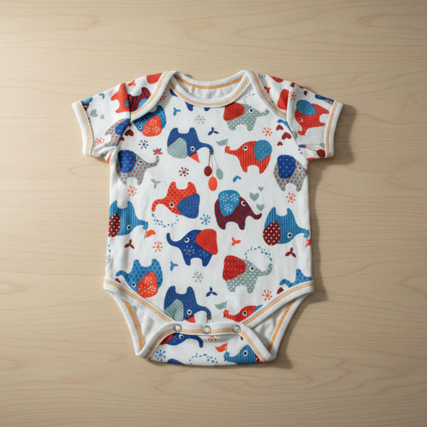 Baby onesie with colorful animal elephant pattern on a table