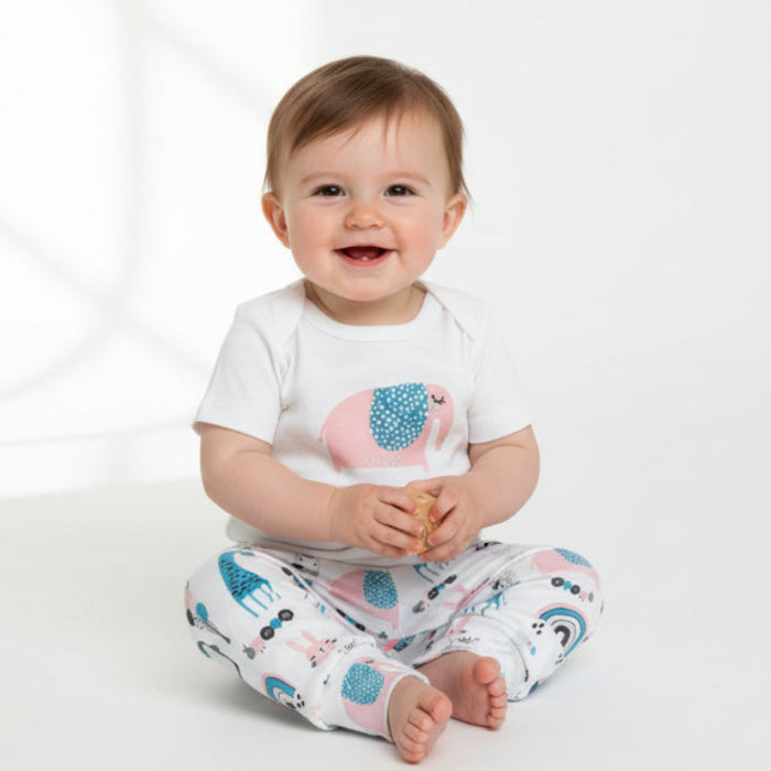 Baby wearing Elephant and animal print baby outfit