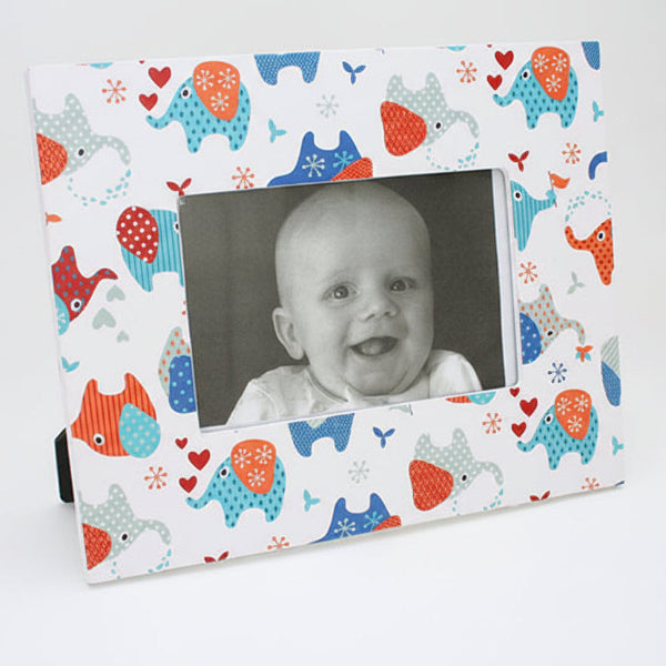 Colorful elephant animal-patterned picture frame with a baby photo inside