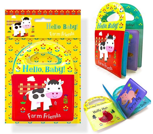 Children's book for the bath with farm animal illustrations and colorful packaging.