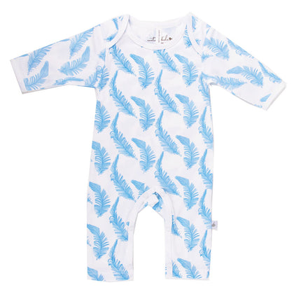Baby onesie with blue feather pattern on a white background