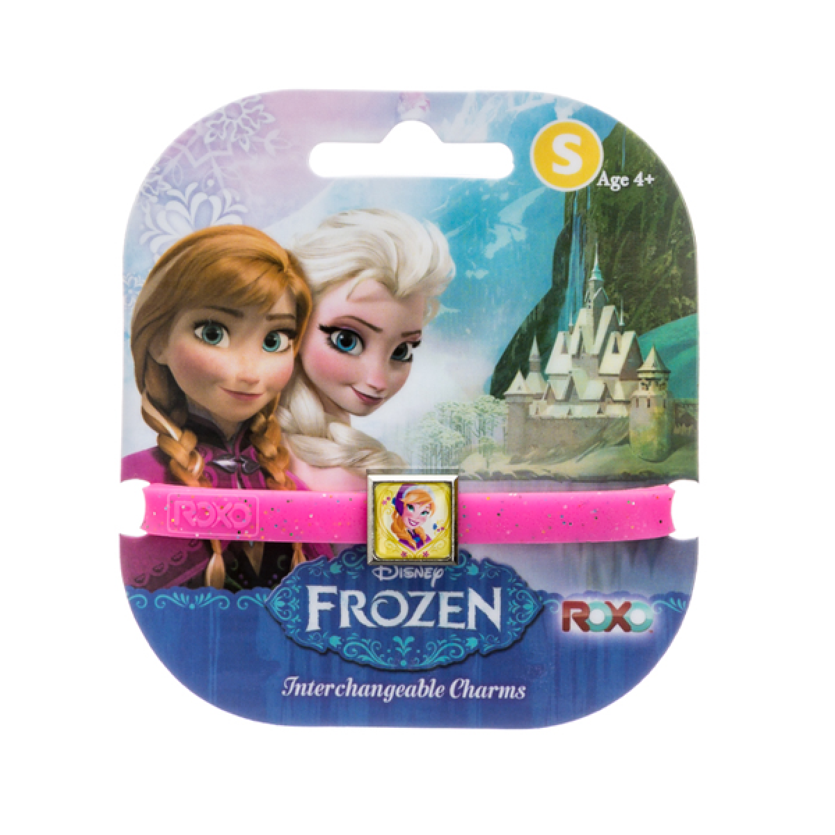 Frozen-themed bracelet packaging with Anna and Elsa on a white background