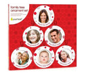 Family tree ornament set packaging with photos of a family on a red background