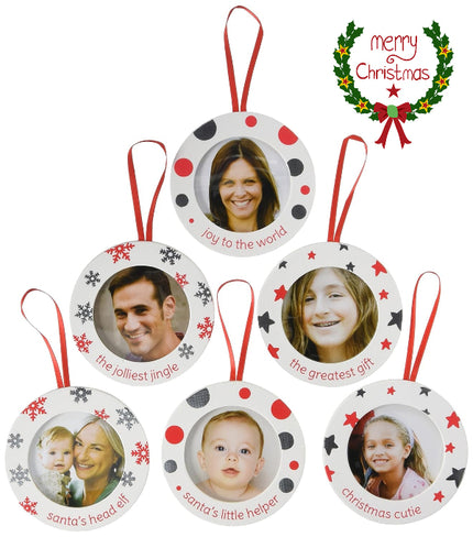 Set of Christmas ornaments with photos and text on a white background