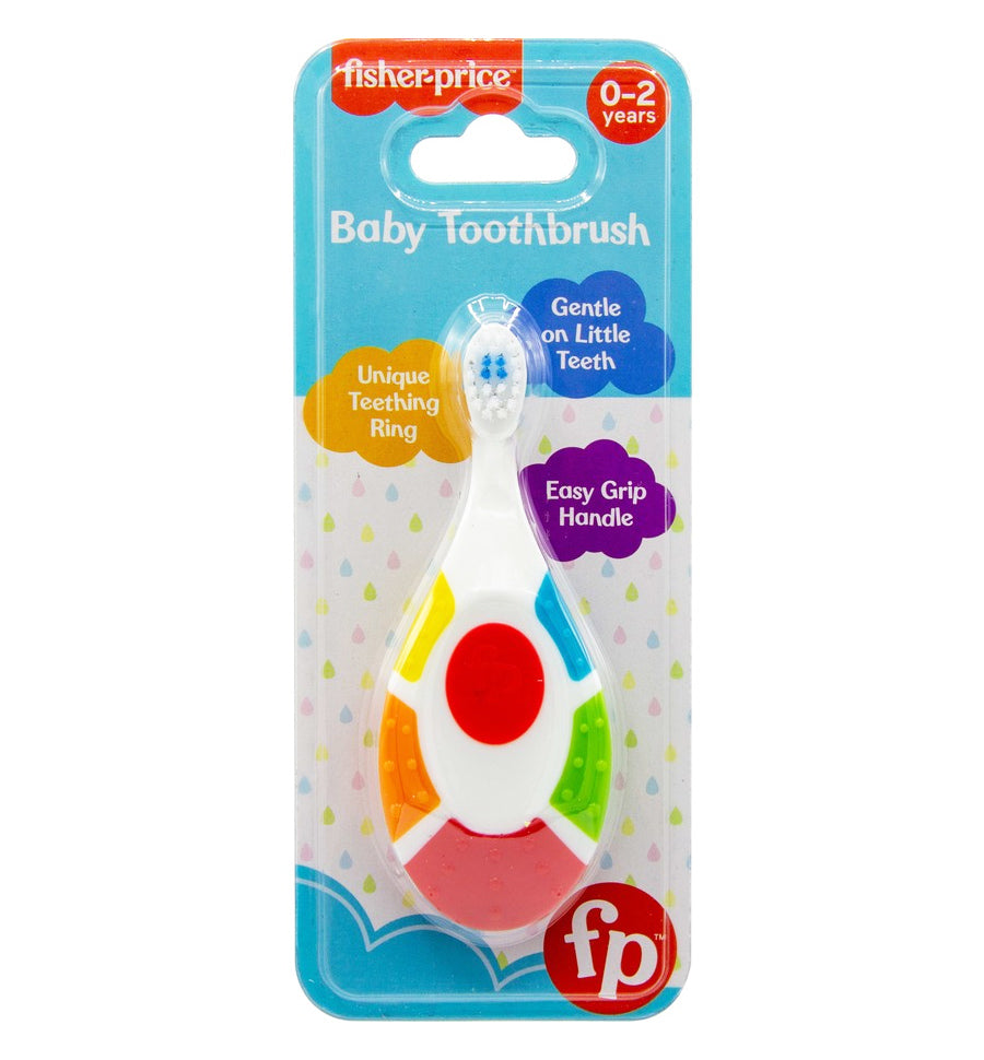 Fisher-Price baby toothbrush packaging with colorful design on a white background