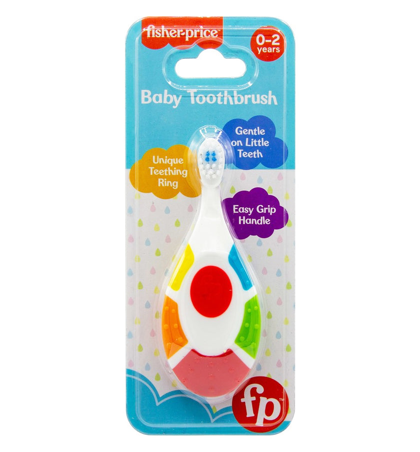Fisher-Price baby toothbrush packaging with colorful design on a white background
