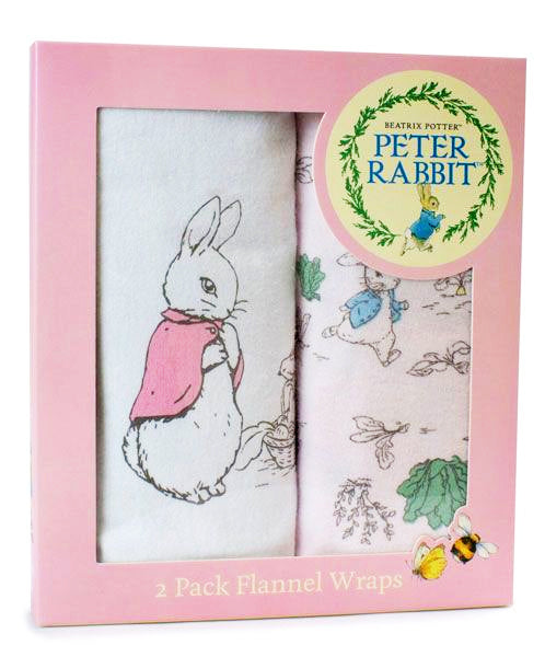 Two-pack of Peter Rabbit flannel wraps in a pink box with a 'Peter Rabbit' label.