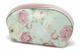 Floral-patterned cosmetic bag with pink zipper on a white background